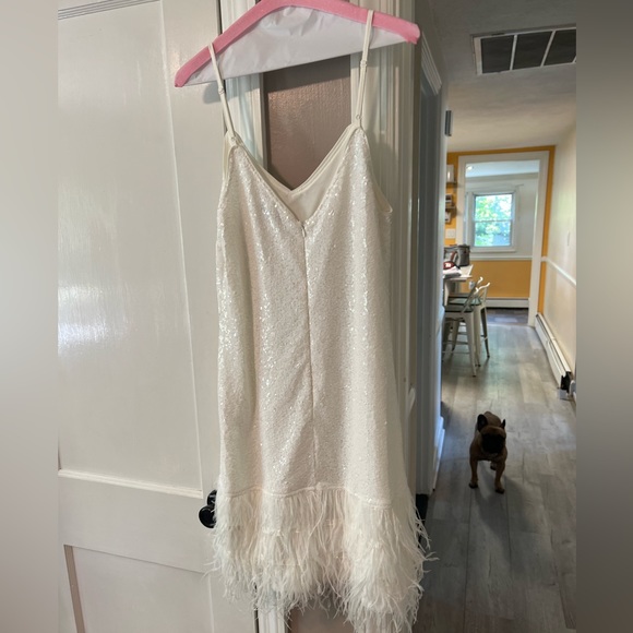 White Mini Sequin Dress with Faux Feathers size Medium - Picture 3 of 4